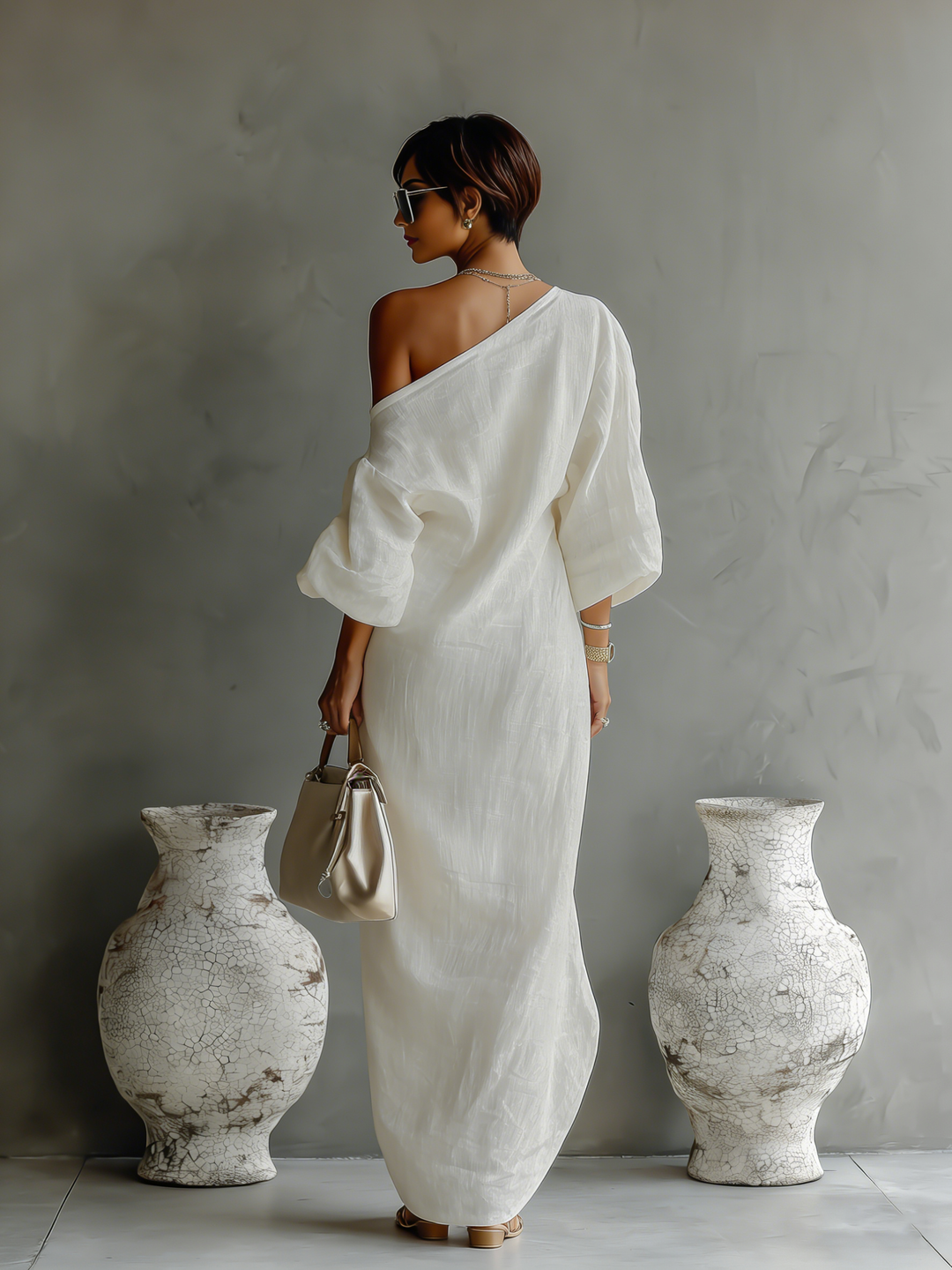 Robe en lin ivoire à épaules dénudées