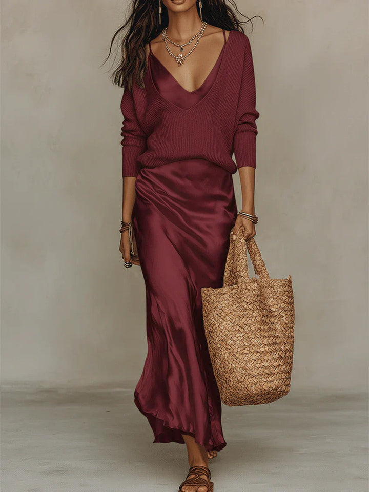 Elena | Robe satinée midi avec pull inclus