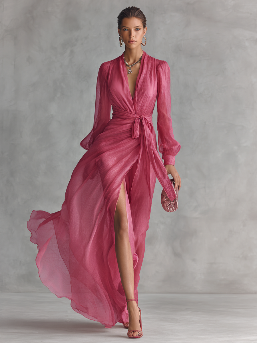 Robe rose en chiffon à col en V