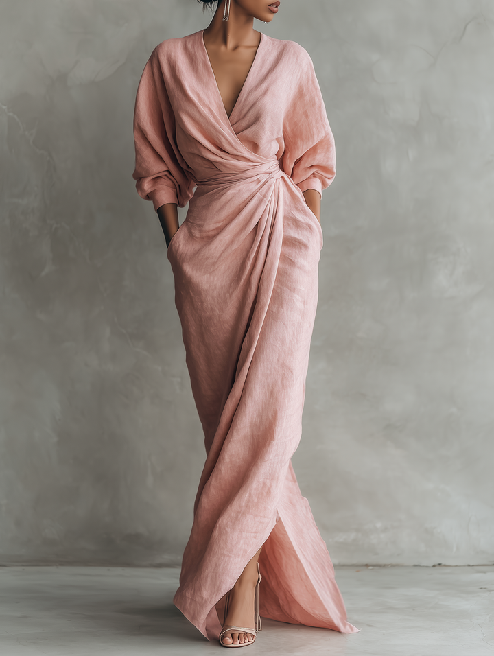 Robe maxi en lin rose à col en V