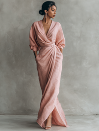 Robe maxi en lin rose à col en V