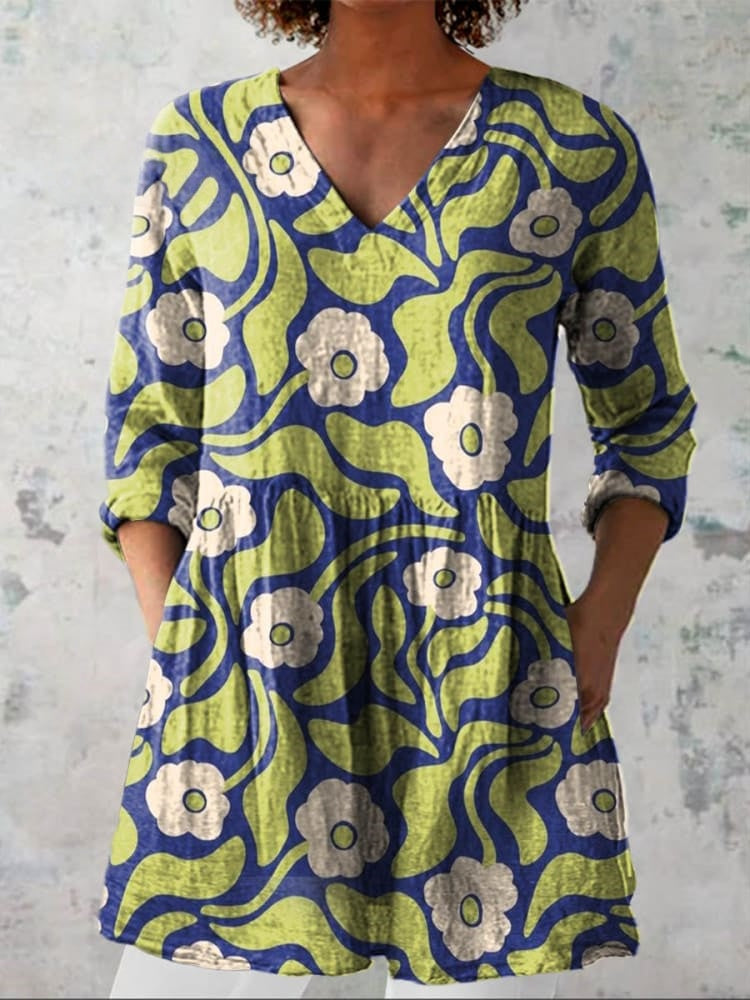 Chemise en lin décontractée pour femme à col en V, vintage, avec impression florale artistique