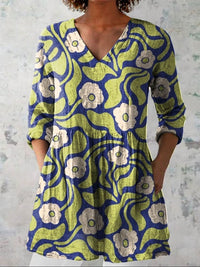 Chemise en lin décontractée pour femme à col en V, vintage, avec impression florale artistique