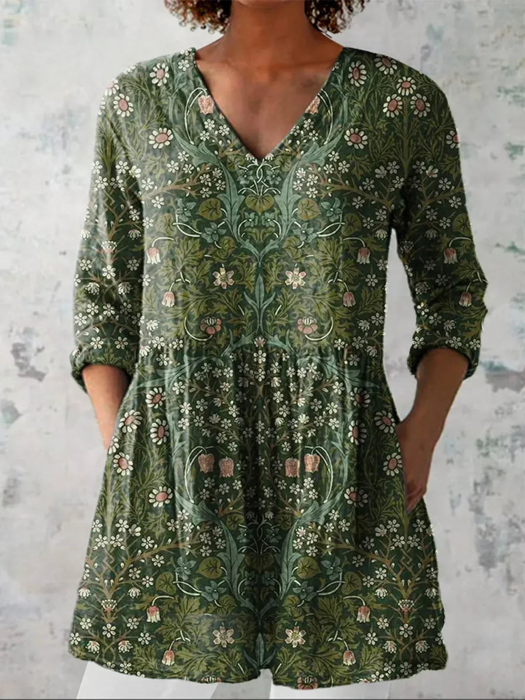Chemise en lin décontractée pour femmes, à col en V, imprimé floral vintage et artistique