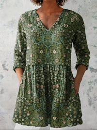 Chemise en lin décontractée pour femmes, à col en V, imprimé floral vintage et artistique