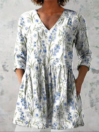 Chemise en lin décontractée pour femme à col en V avec motif floral artistique
