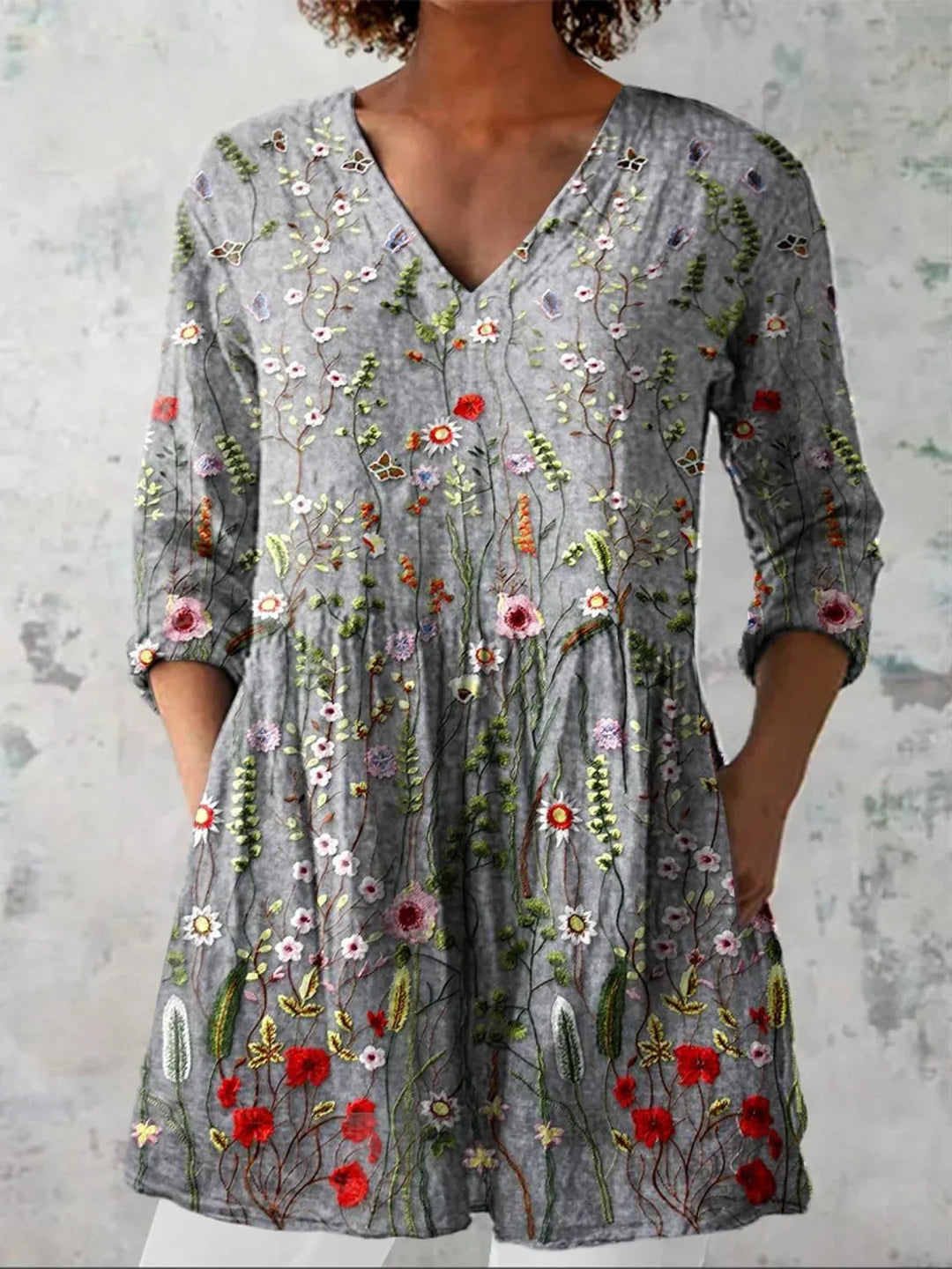Chemise décontractée pour femmes en coton et lin à col en V, imprimé floral vintage