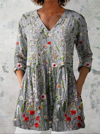 Chemise décontractée pour femmes en coton et lin à col en V, imprimé floral vintage
