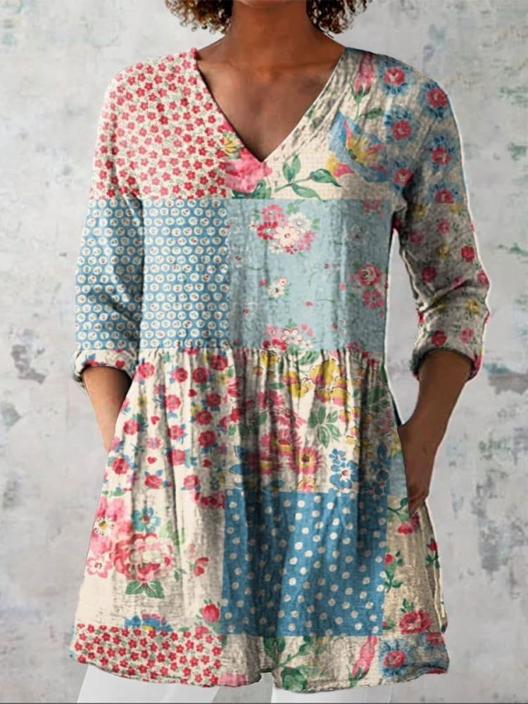 Chemise décontractée pour femmes en coton-lin, col en V, motif floral vintage patchwork et imprimé artistique