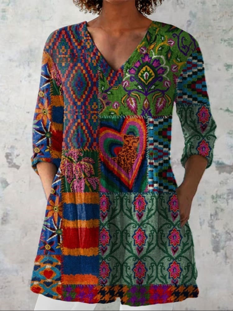 Chemise décontractée en lin à col en V avec imprimé floral bohème pour femmes