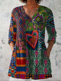 Chemise décontractée en lin à col en V avec imprimé floral bohème pour femmes