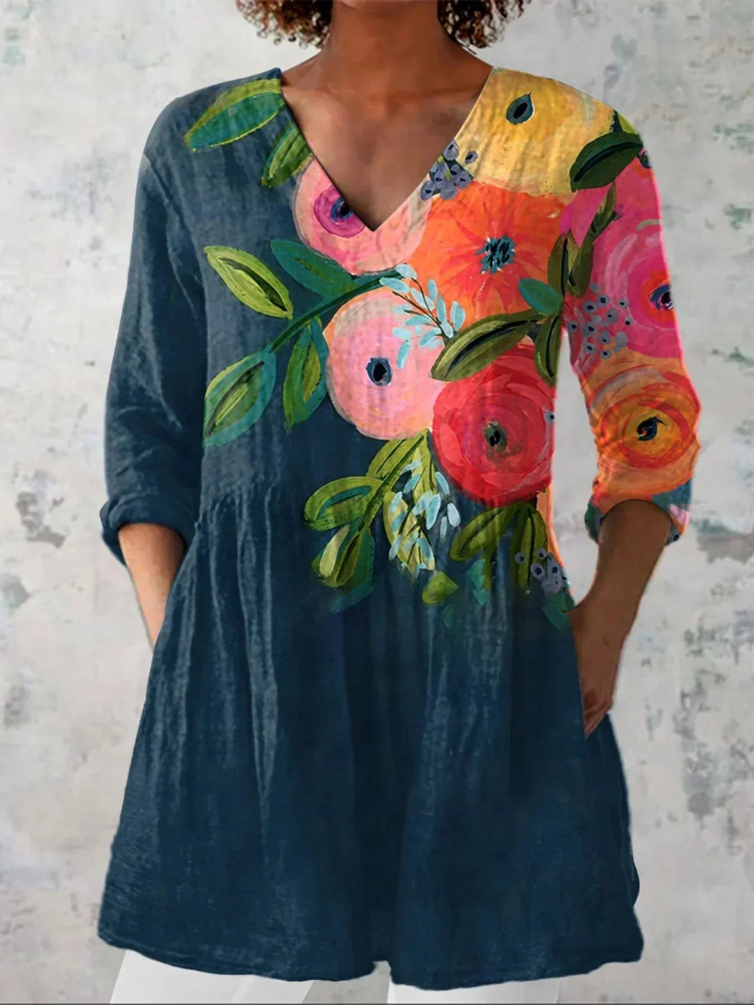 Chemise décontractée en lin à col en V pour femme, imprimé floral vintage