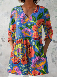Chemise en lin décontractée pour femmes à col en V, imprimée, motif floral tropical d'été