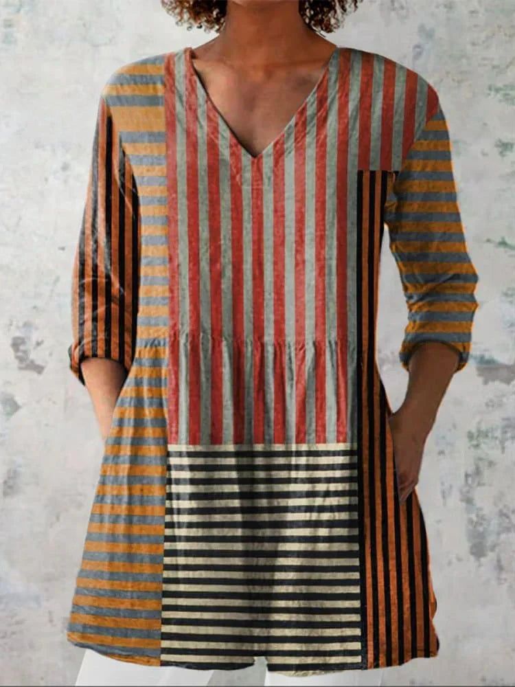 Chemise décontractée en lin pour femmes à col en V, imprimée, motif patchwork à rayures