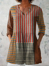 Chemise décontractée en lin pour femmes à col en V, imprimée, motif patchwork à rayures