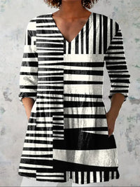 Chemise décontractée en lin pour femme à col en V, imprimée, motif abstrait à rayures