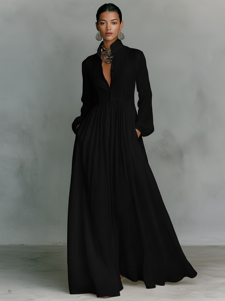 Robe maxi patchwork en lin à col montant