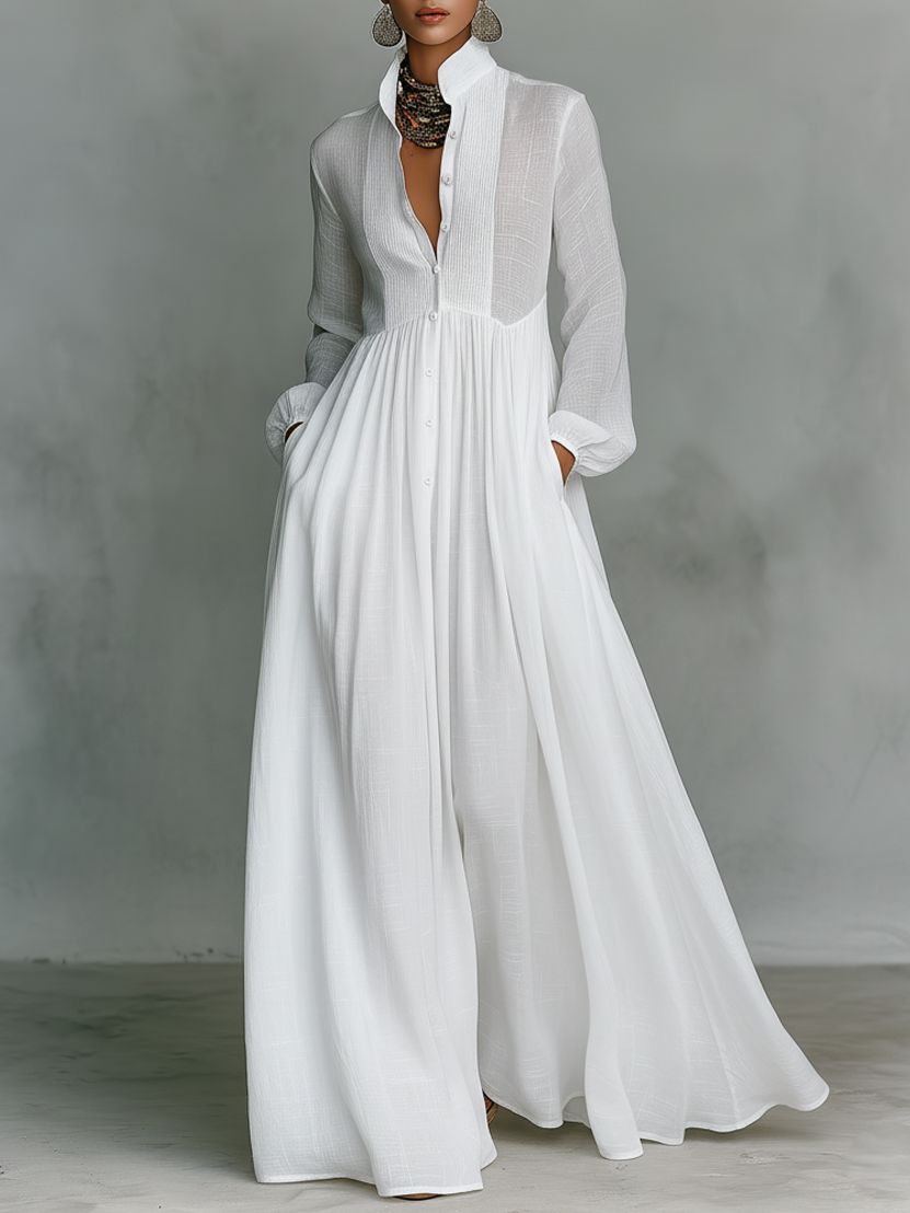 Robe maxi patchwork en lin à col montant