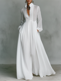 Robe maxi patchwork en lin à col montant