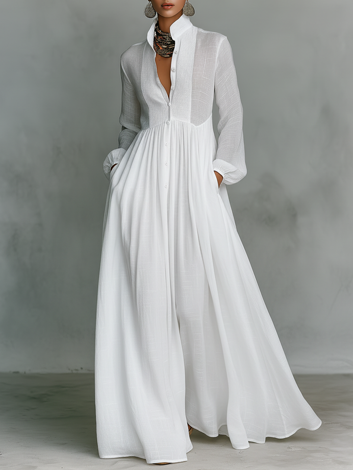 Robe maxi patchwork en lin à col montant