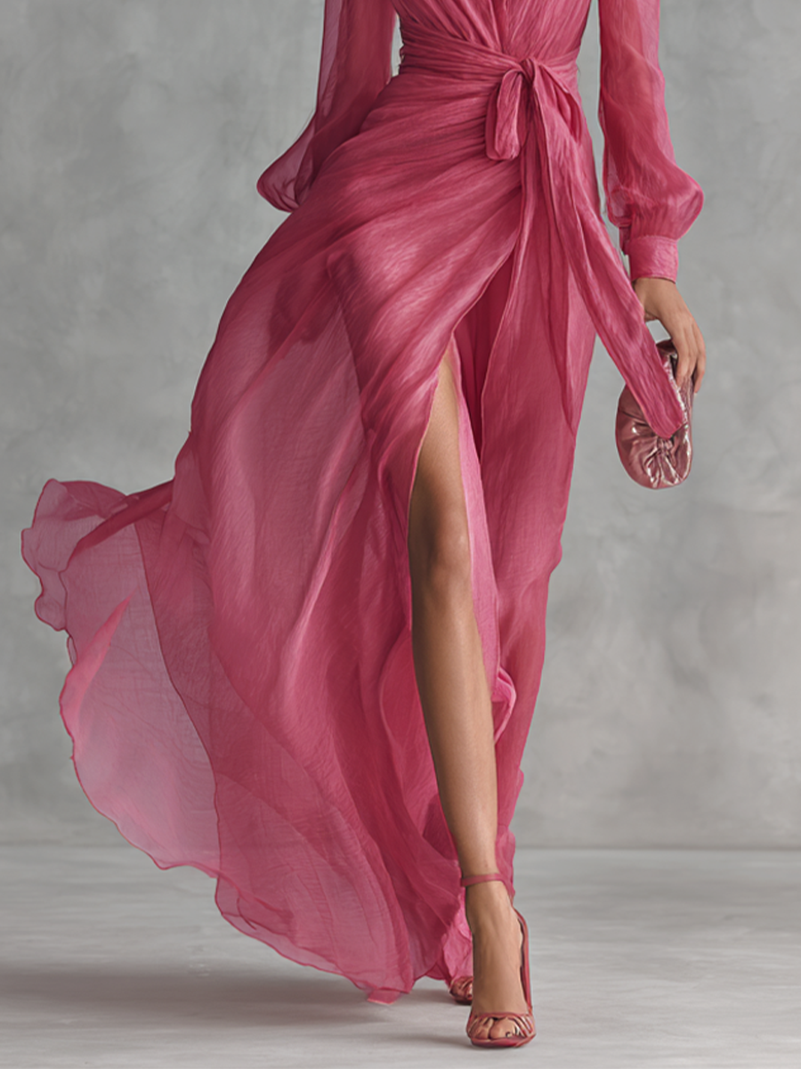 Robe rose en chiffon à col en V