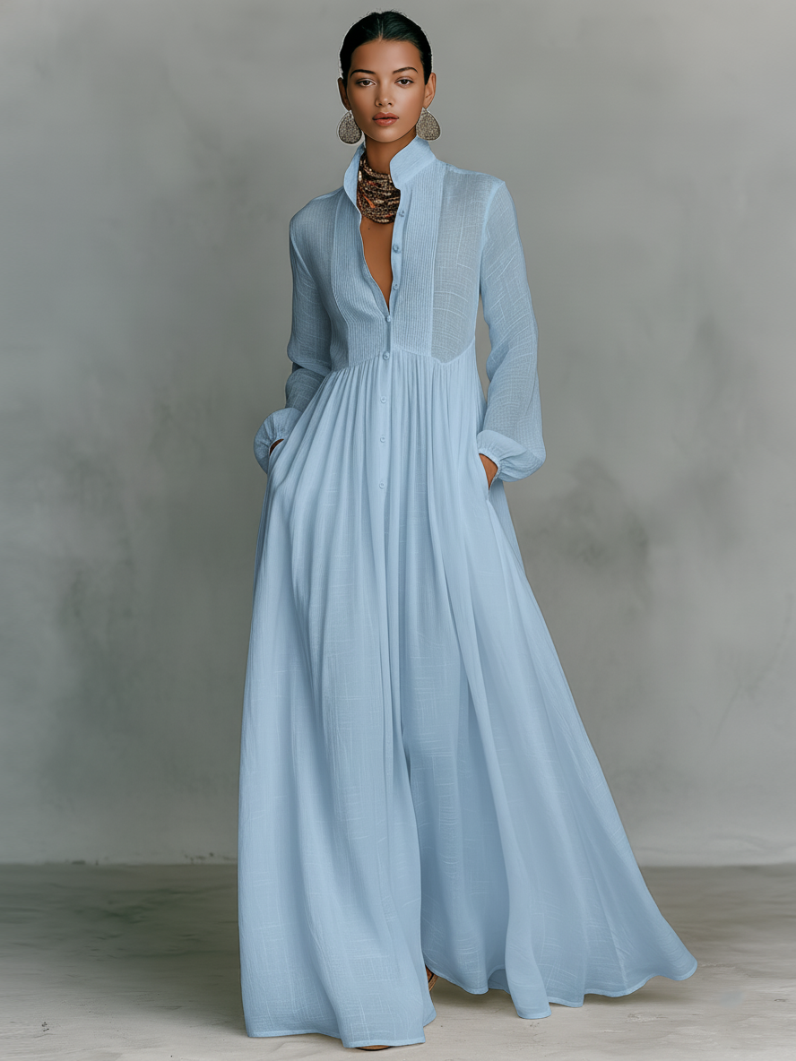 Robe maxi patchwork en lin à col montant