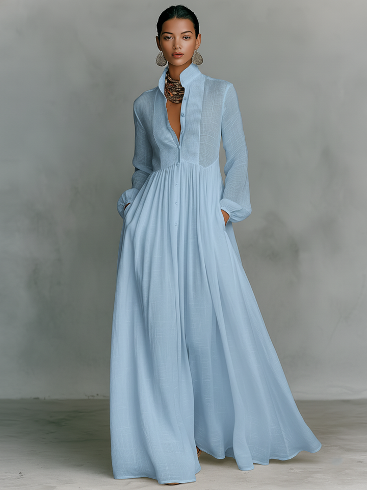 Robe maxi patchwork en lin à col montant