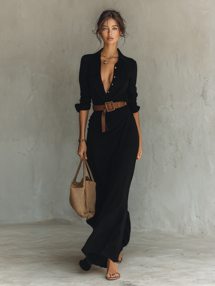 Robe maxi à col en revers et manches longues