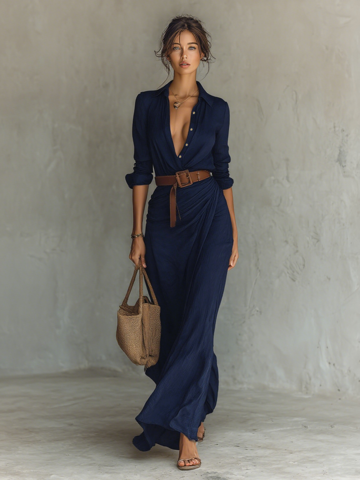 Robe maxi à col en revers et manches longues