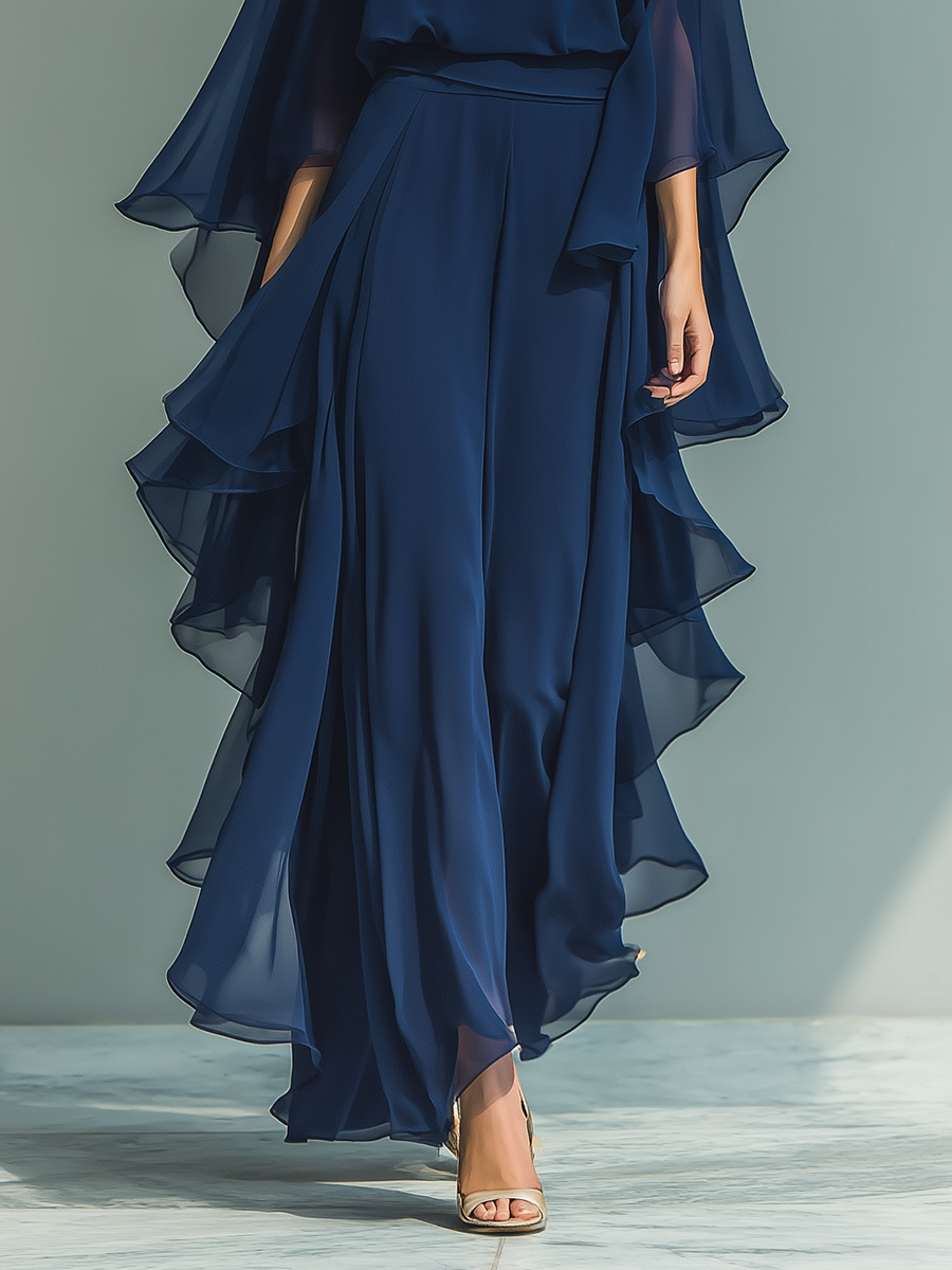 Ensemble en chiffon bleu marine à volants