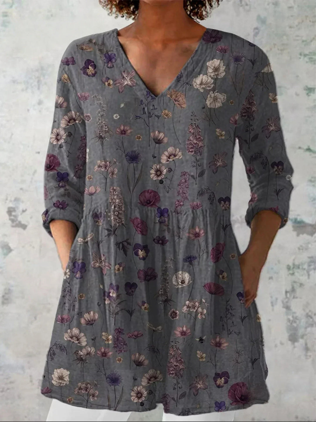 Chemise en lin décontractée pour femme à imprimé floral, col en V