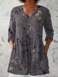 Chemise en lin décontractée pour femme à imprimé floral, col en V
