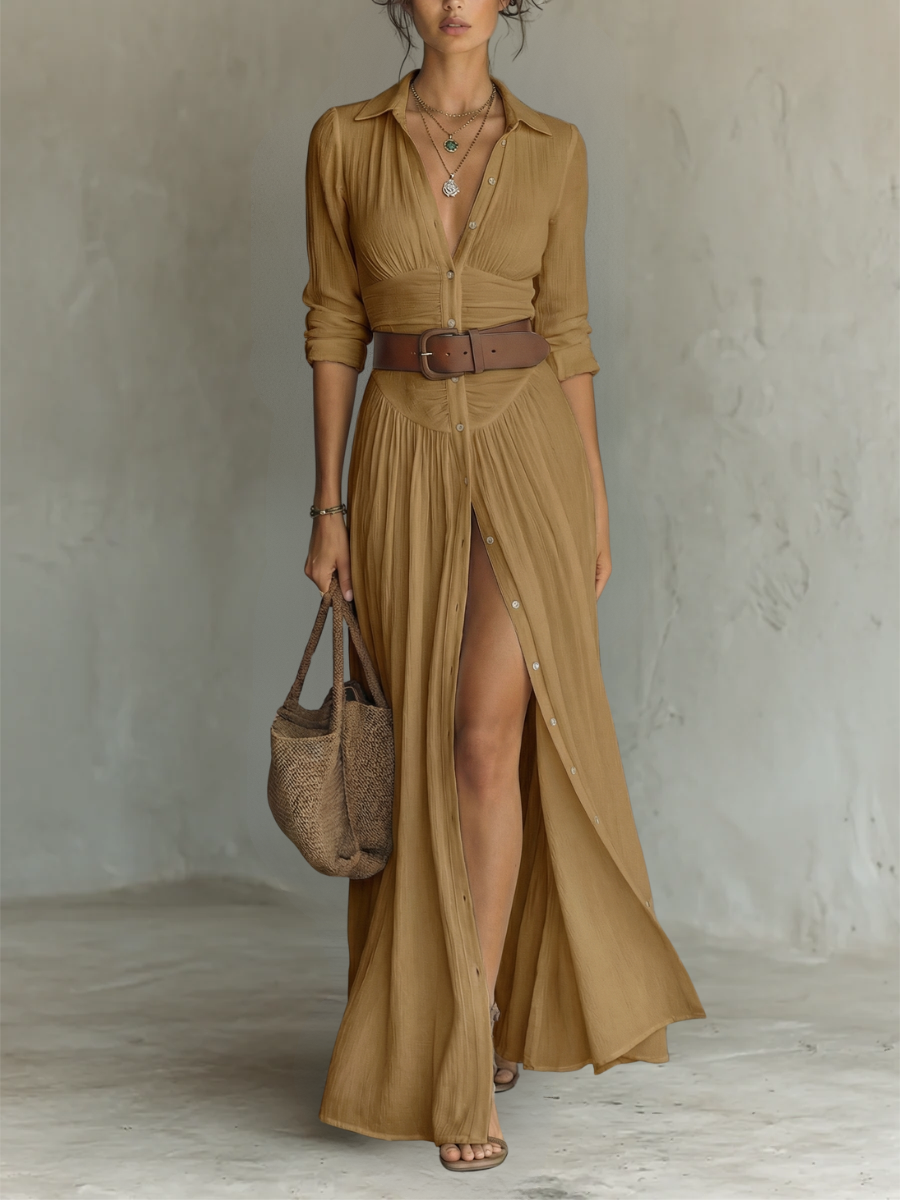 Robe maxi en lin à col revers et manches longues