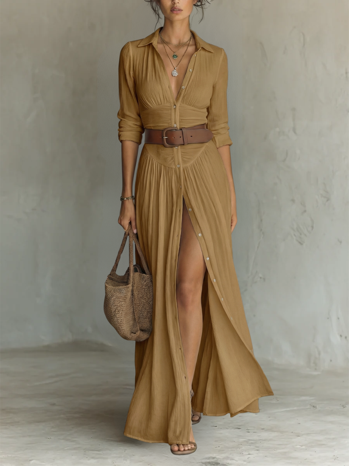 Robe maxi en lin à col revers et manches longues
