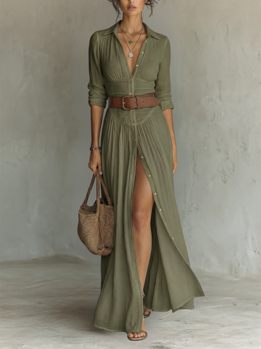 Robe maxi en lin à col revers et manches longues