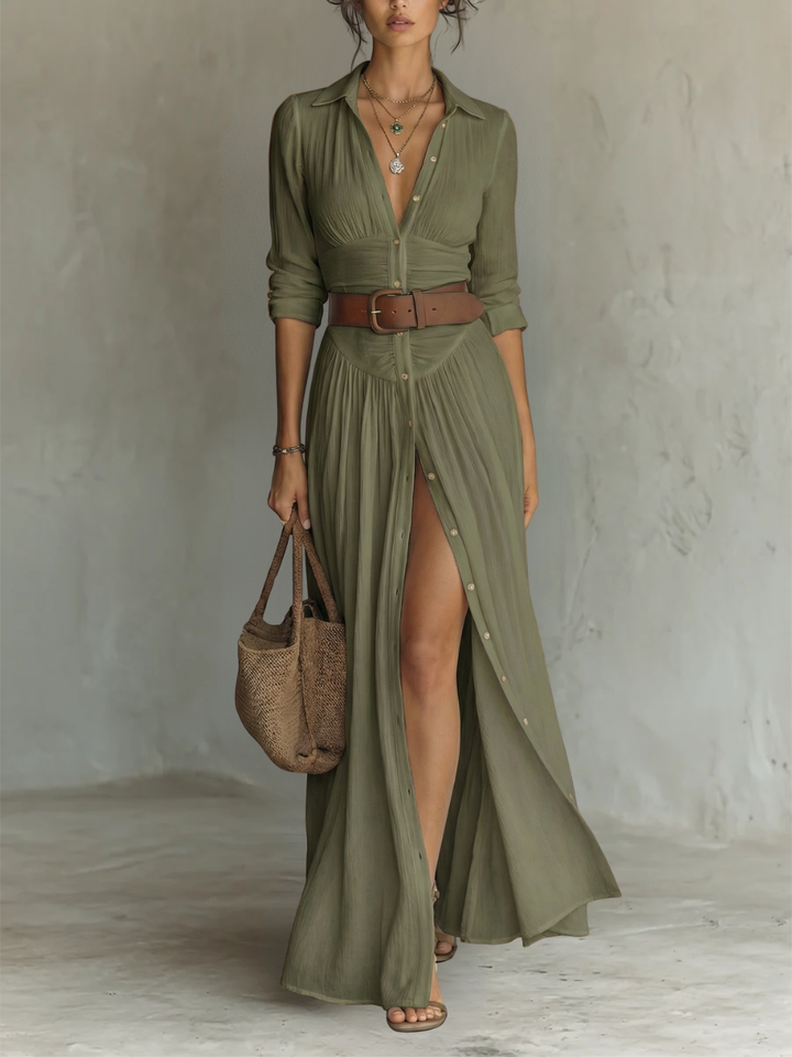 Robe maxi en lin à col revers et manches longues