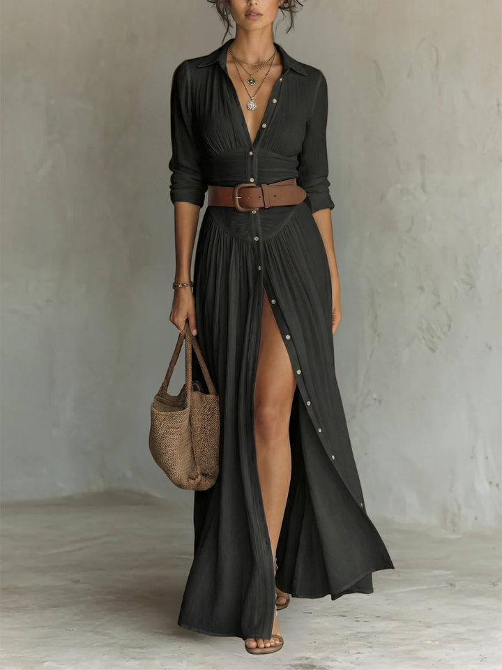 Robe maxi en lin à col revers et manches longues