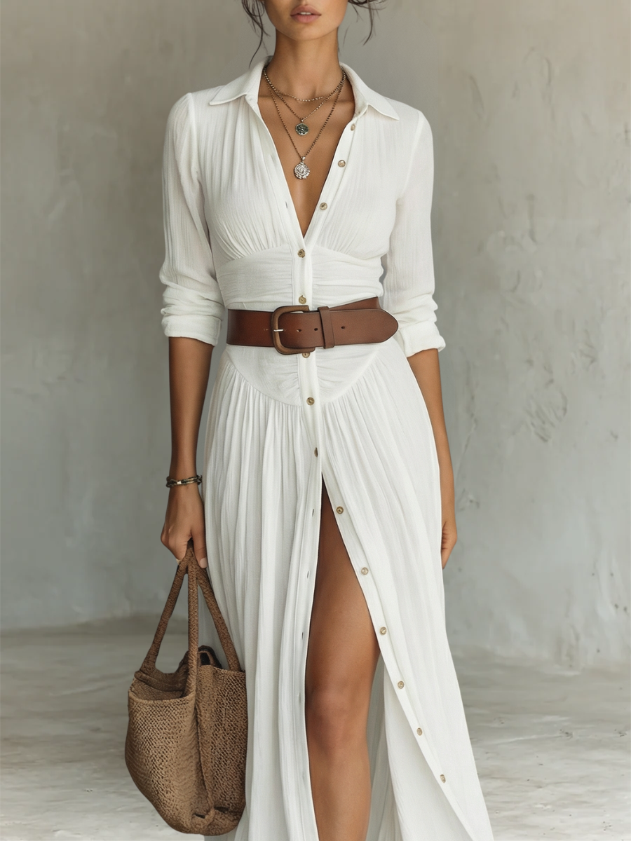 Robe maxi en lin à col revers et manches longues