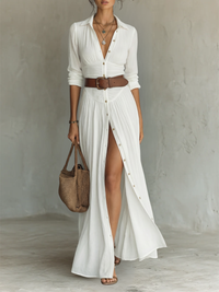 Robe maxi en lin à col revers et manches longues
