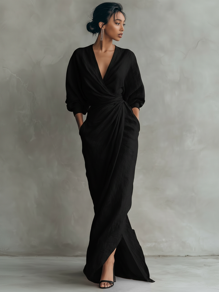 Robe maxi en lin rose à col en V