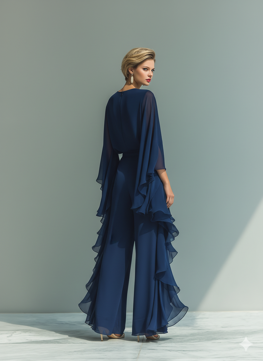 Ensemble en chiffon bleu marine à volants