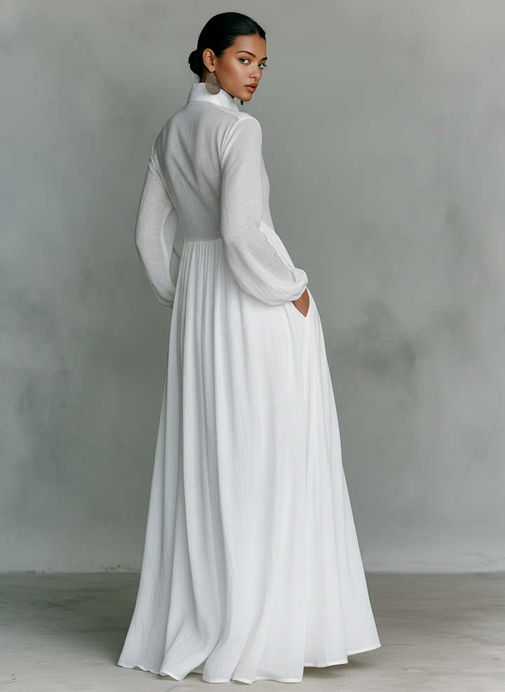 Robe maxi patchwork en lin à col montant
