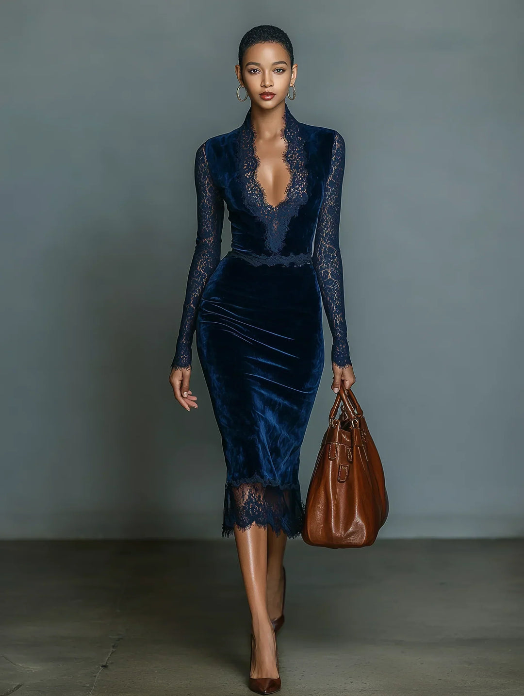 Robe midi en velours à encolure en V et dentelle