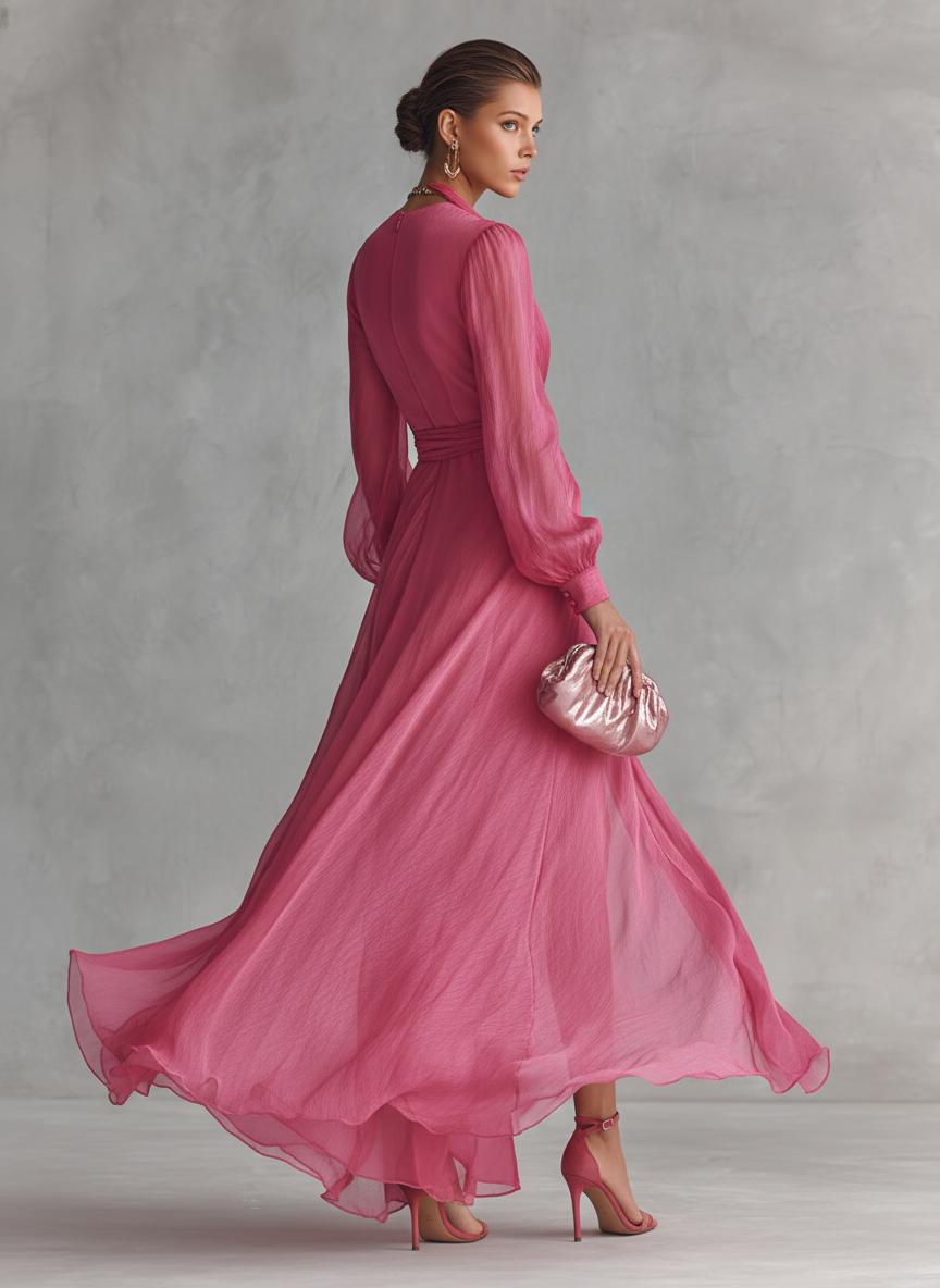 Robe rose en chiffon à col en V