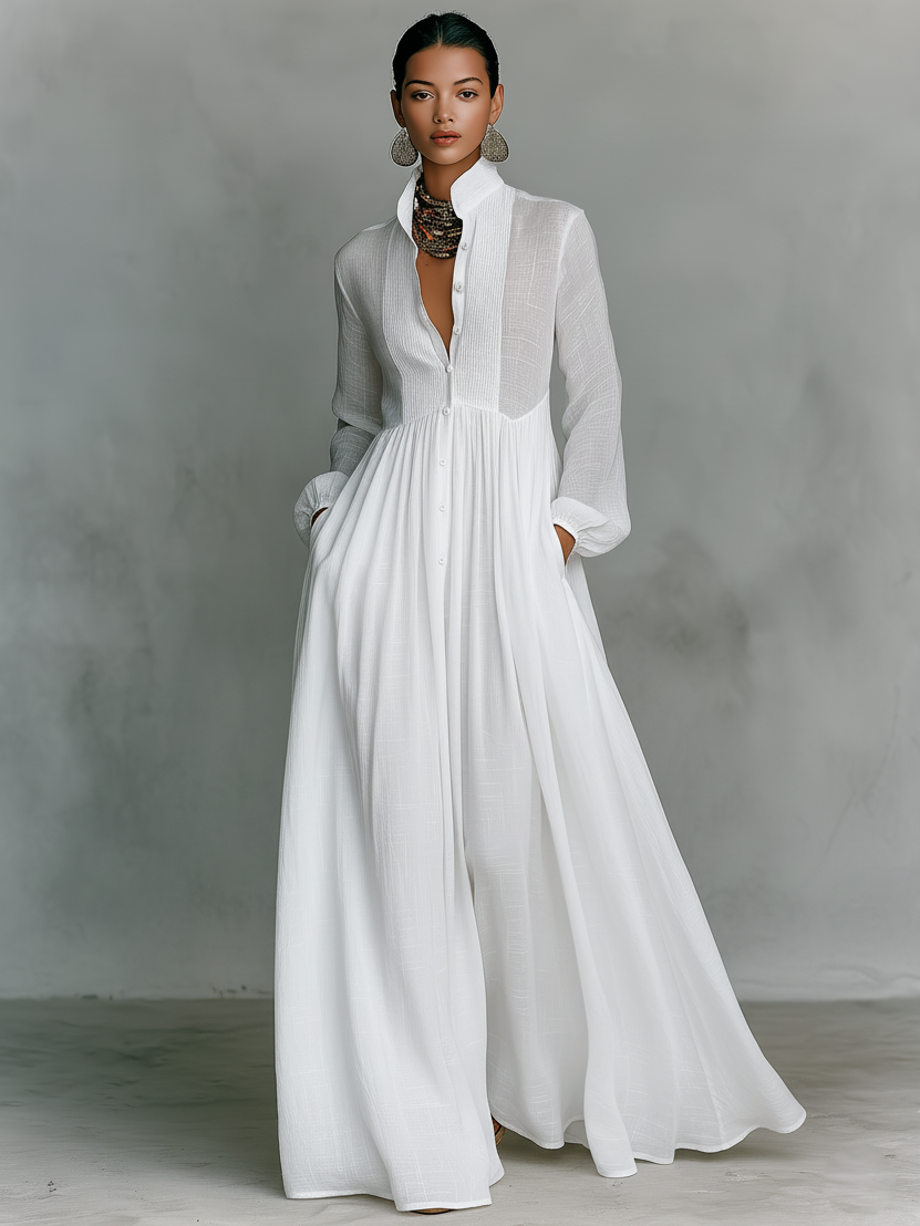 Robe maxi patchwork en lin à col montant