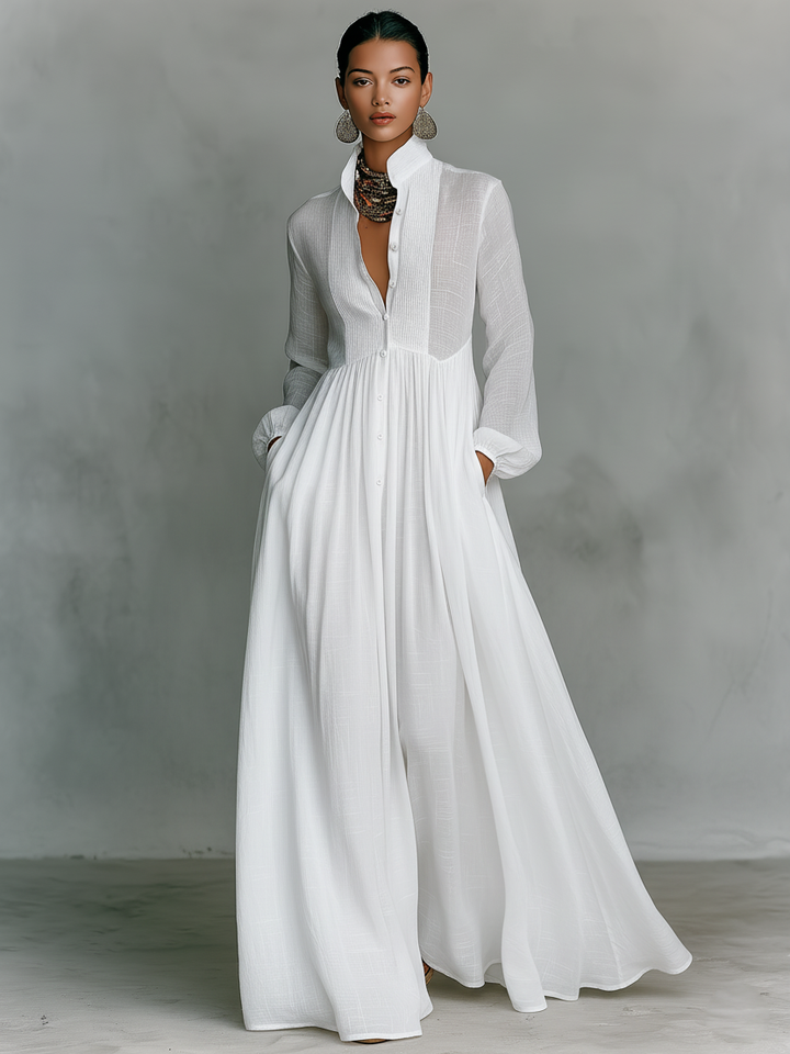 Robe maxi patchwork en lin à col montant