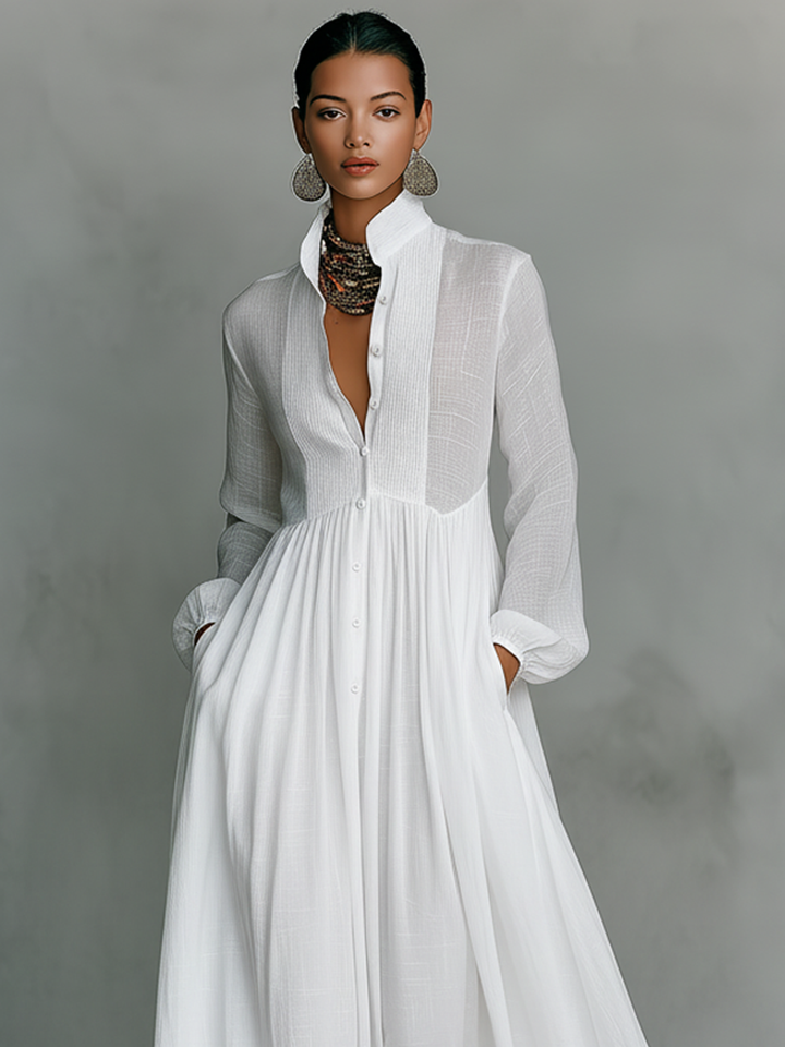 Robe maxi patchwork en lin à col montant