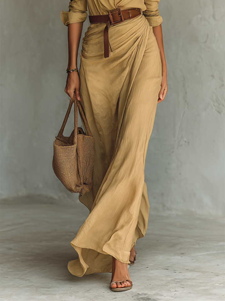 Robe maxi à col en revers et manches longues
