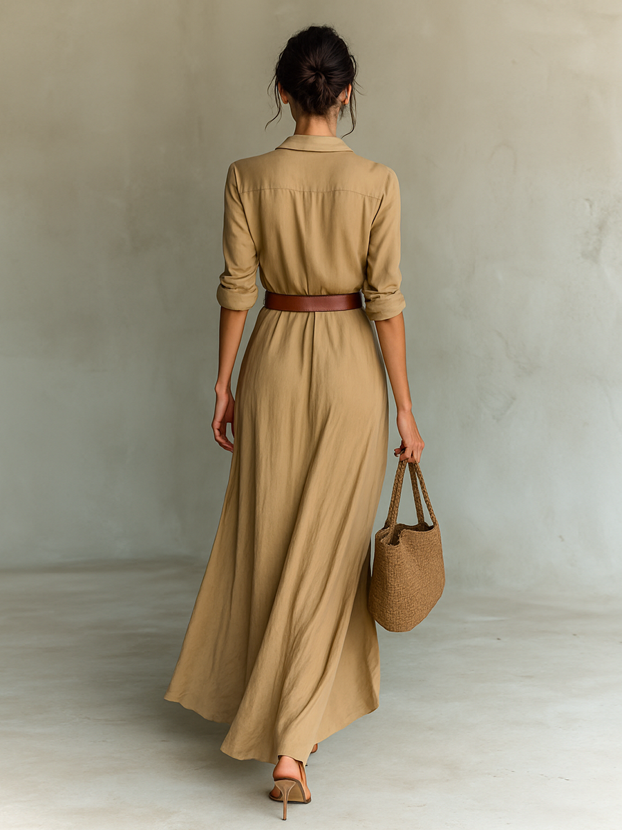 Robe maxi à col en revers et manches longues