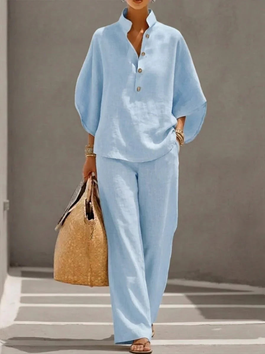 Maribel™ | Ensemble en lin à manches chauve-souris et pantalon large